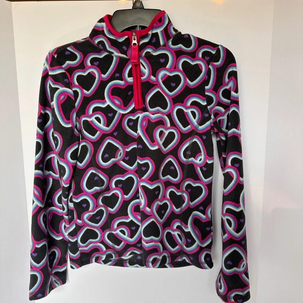Old Navy‎ Girls Fleece Pullover XL 14 Hearts Print Pink Quarter Zip Top